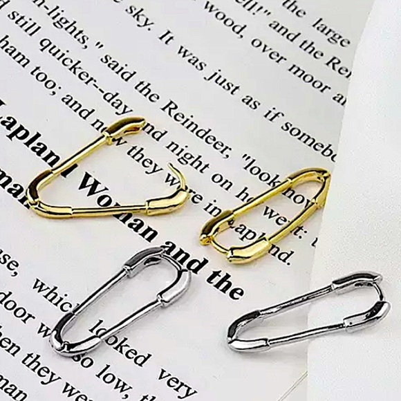 Safety Pin Gold Plated Minimalist Sterling Silver Earrings - Picture 2 of 7